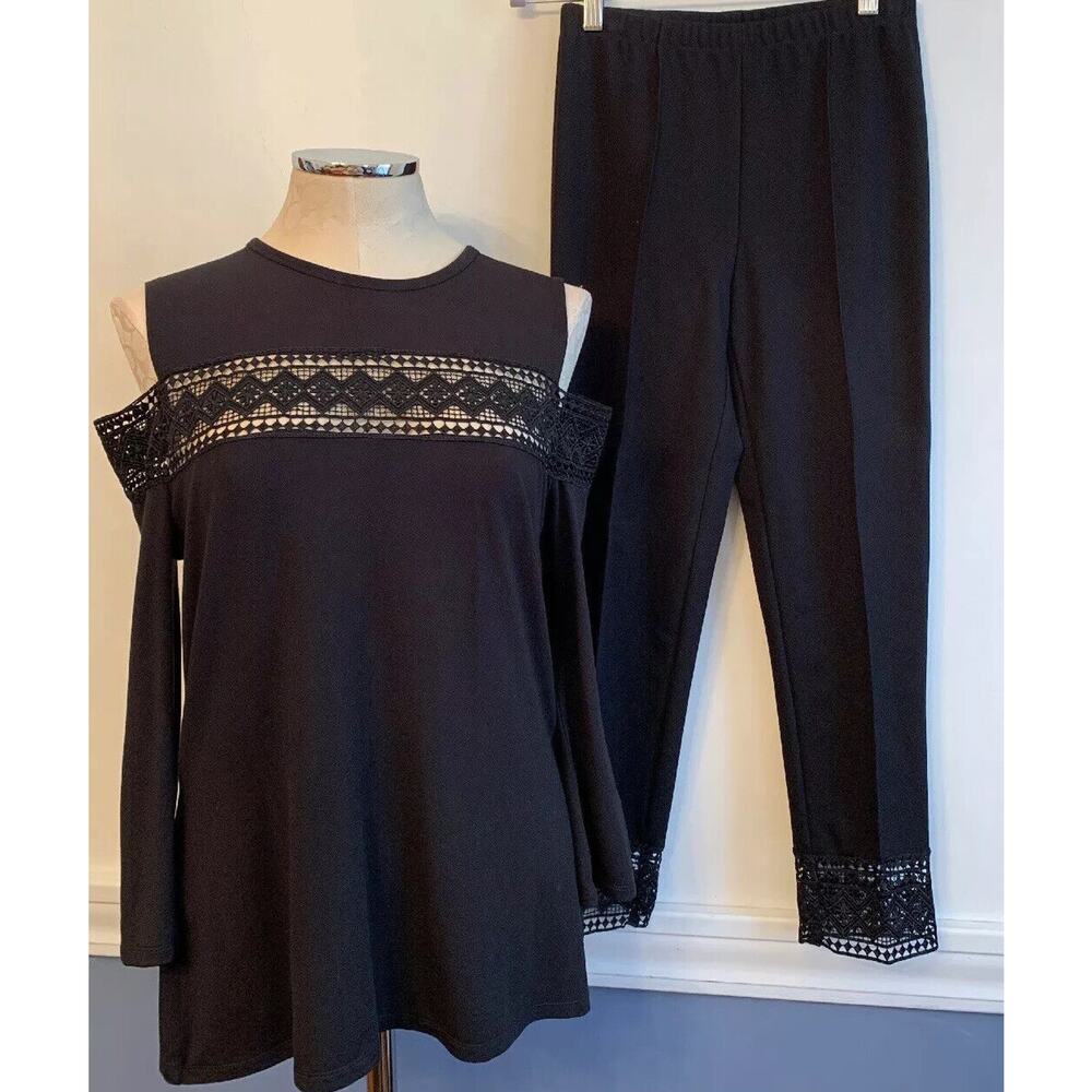 Small Yyigal Black 2 piece Soft Knit Outfit Women's Lace Trim Soft Pants Cold Sh
